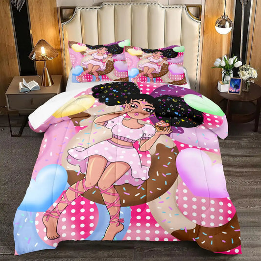 FJKJHKGJ Black Girl Comforter Set - Queen Comforter Set for Girls Bedroom Decor African American Black Girl Bedding Sets 3 Piece Pink Queen Quilt Set 1 Comforter + 2 Pillowcases