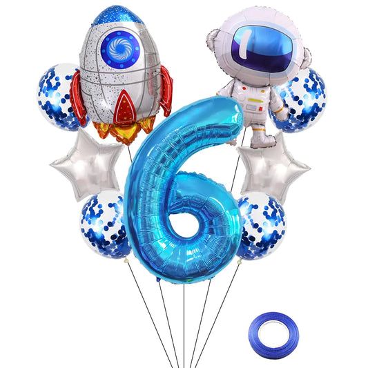 Kawailay Astronaut Rocket 6th Birthday Party Balloons Jumbo Spaceman Birthday Balloons Outer Space Theme Foil Balloons 32 Inch Blue Number 6 Helium Balloon for Birthday Party