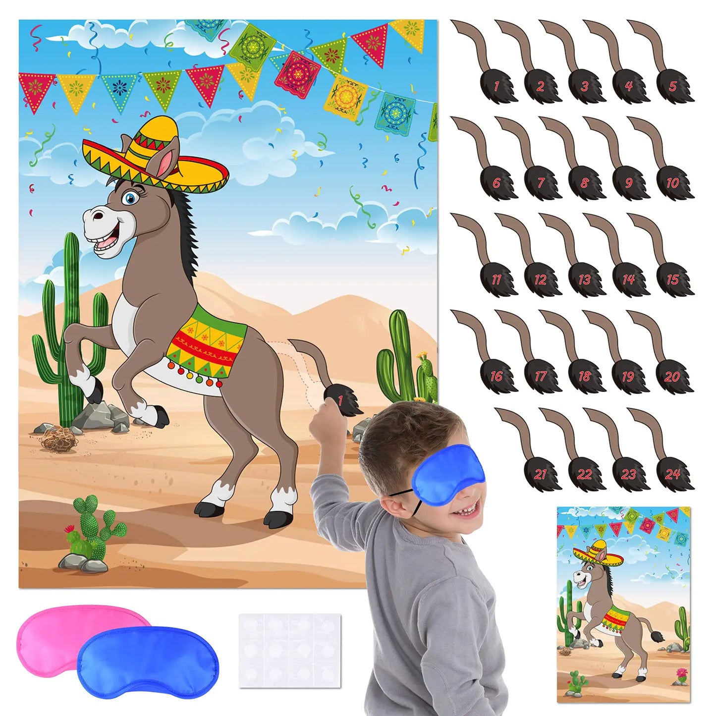 KUUQA Pin The Tail on The Donkey Party Game Mexican Donkey Party Supplies Birthday Party Decorations Mexican Fiesta Party Decorations