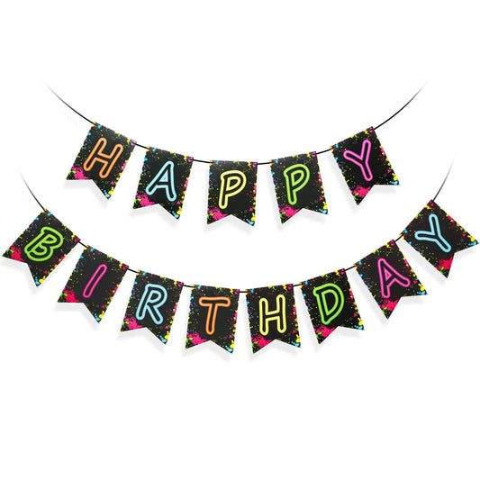 Glow Party Happy Birthday Banner Decoration（Already Assembled） 80s Birthday Banner Lets Glow Party Decorations Glow in the Dark Party Supplies Neon Party Birthday Decorations