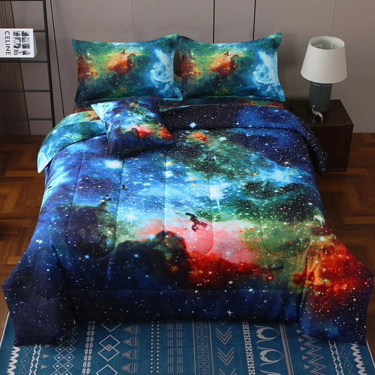 JQinHome Full Galaxy Comforter Sets 6 Piece Bed in A Bag Outer Space Themed Bedding for Children Boy Girl Teen Kids1 Comforter 1 Flat Sheet 1 Fitted Sheet 2 Pillowshams 1 Cushion Cover(Blue)