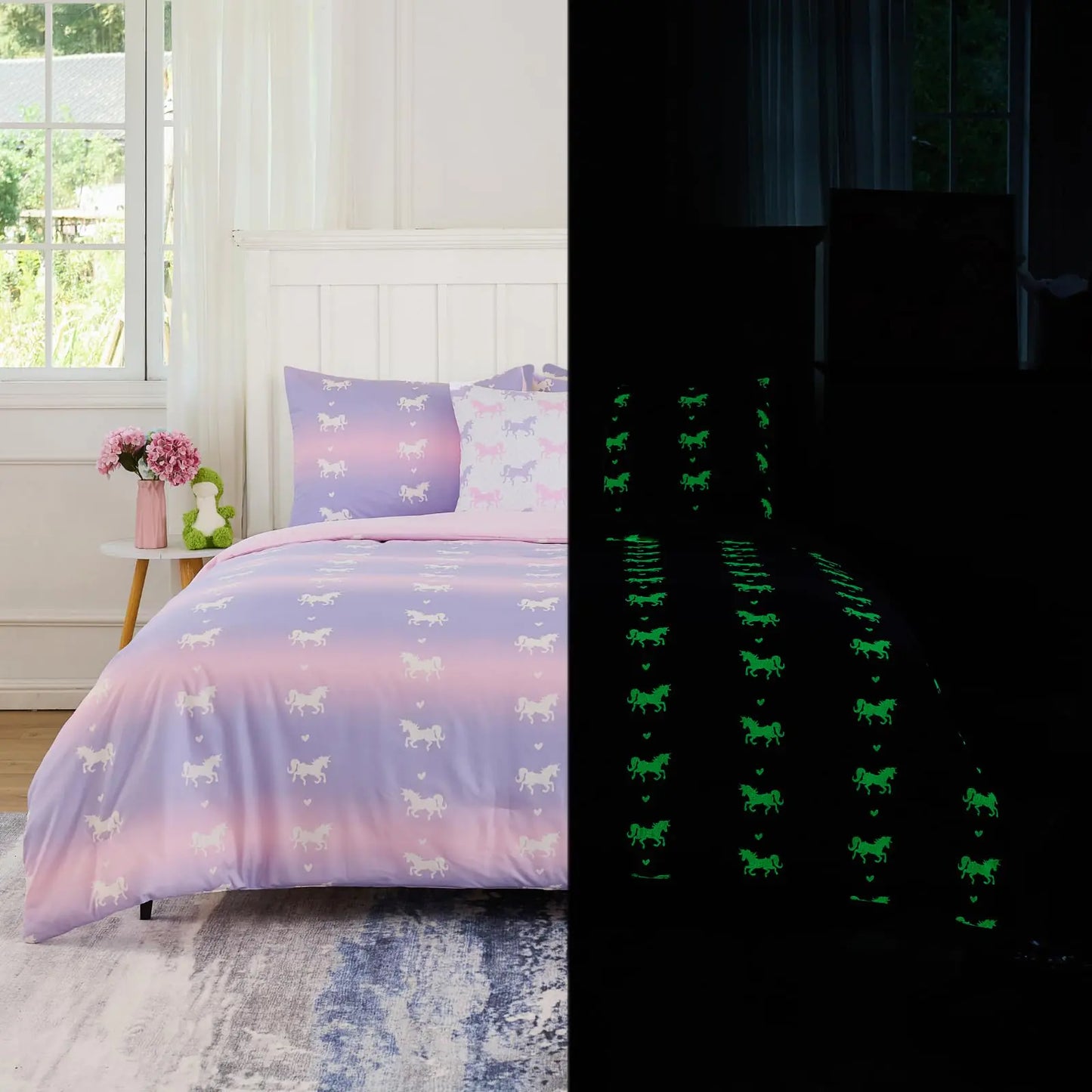 Cokouchyi Twin Comforter Sets for Boys Girls Unicorn Glow in The Dark Kids Bedding Sets 5 Pcs Twin Bed in a Bag with Comforter Sheets Pillow Sham Cushion Cover Unicorn