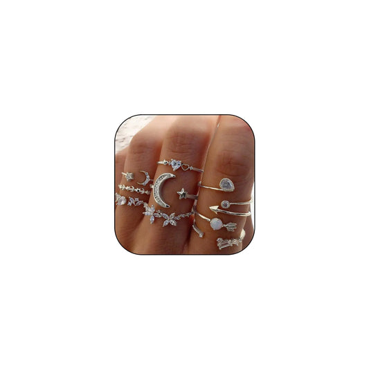CSIYSNJRY99 Dainty Silver Rings for Women Boho Stackable Star Moon Flower Silver Rings Set for Teens Vintage Crystal Knuckle Stacking Rings