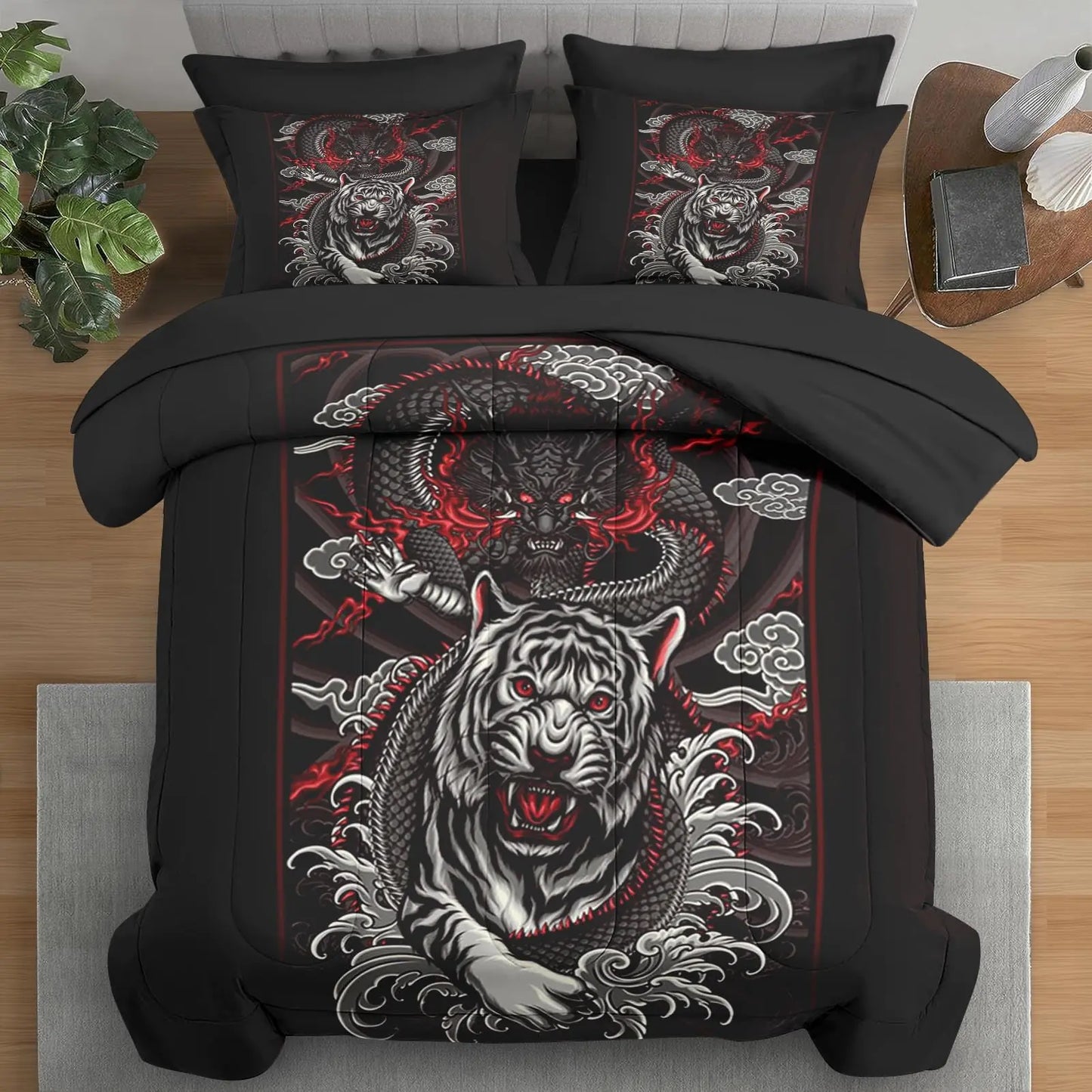 Pamnest Comforter Set Twin Size Tiger Dragon Japanese 5 Pcs Bedding for Kids and Adults Red Asian Flower Bed Sheet Sets with Fitted Sheet Pillowcase & Sham for Bedroom Bed Decor