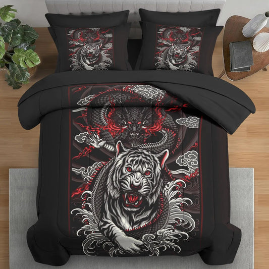 Pamnest Comforter Set Twin Size Tiger Dragon Japanese 5 Pcs Bedding for Kids and Adults Red Asian Flower Bed Sheet Sets with Fitted Sheet Pillowcase & Sham for Bedroom Bed Decor