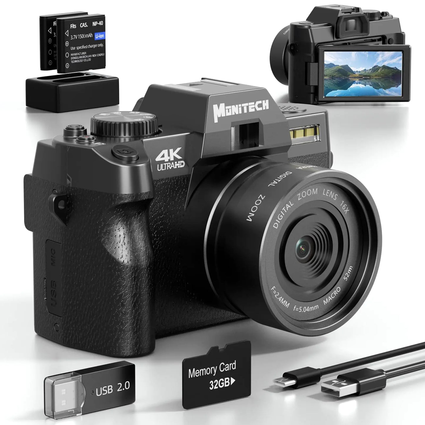 Monitech Digital Camera for Photography and Video 4K 48MP Vlogging Camera for YouTube with 180° Flip Screen16X Digital Zoom 2 Batteries（WTS100Black ）