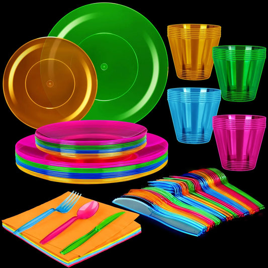 Kochorie 252 PCS Neon Party Supplies-Serves 36 Including Disposable Plastic Neon Party Plates Cups Cutlery Napkins for Neon Assorted Glow Party Blacklight Birthday Halloween Party Favors