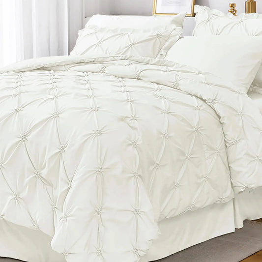 JOLLYVOGUE Ivory Queen Size Comforter Sets 7 Pieces Pintuck Bed in a Bag Comforter Set for Bedroom Bedding Comforter Sets with Comforter Sheets Ruffled Shams & Pillowcases