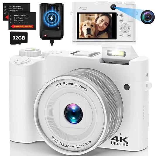 4K Digital Camera for Photography Dual 64MP Autofocus Vlogging Camera for YouTube 2.8" Screen Compact Travel Camera with 32GB SD Card Anti-Shake Flash 16X Digital Zoom 2 Batteries & Charger