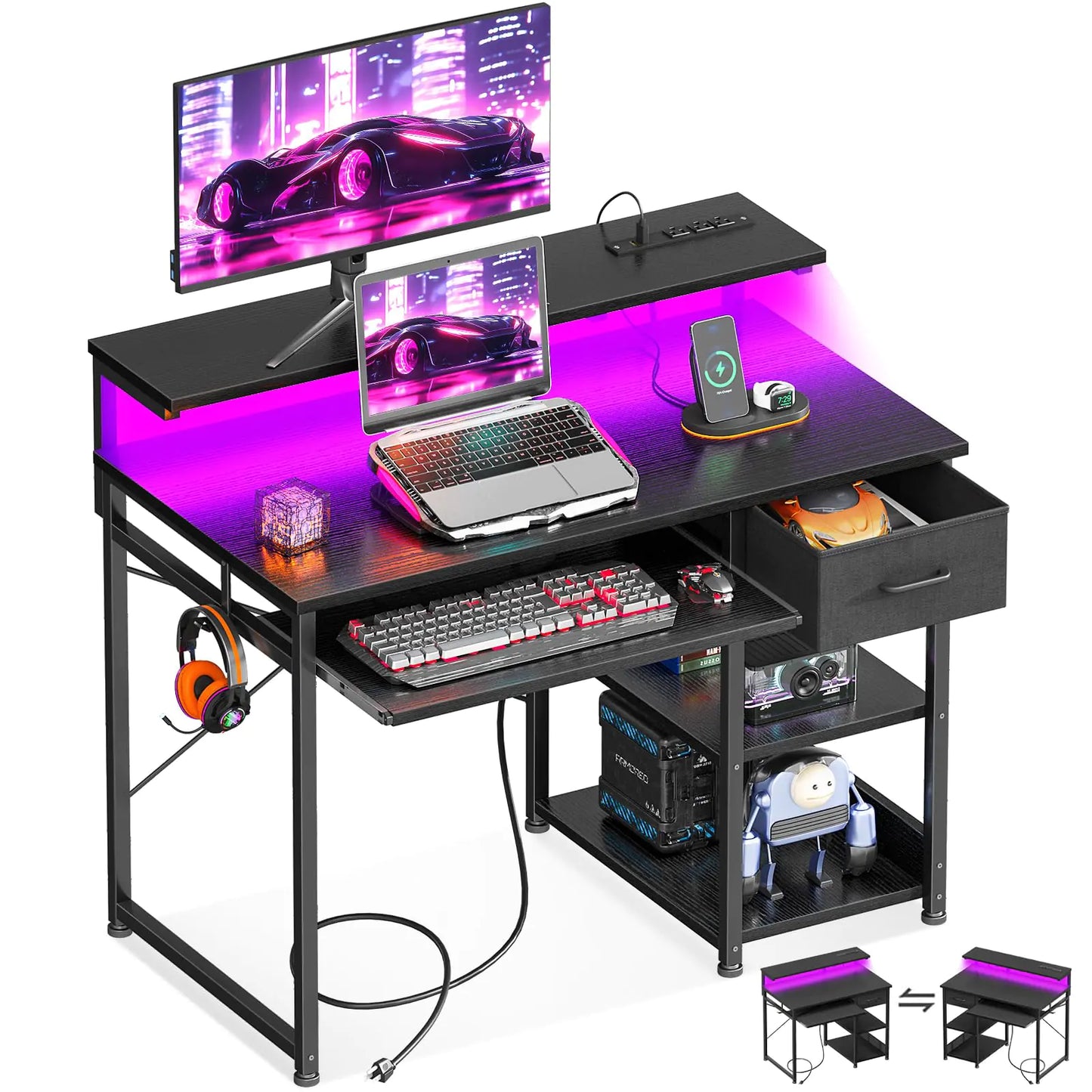 AODK Gaming Desk with LED Lights & Power Outlet 40 Inch Small Computer Desk with Keyboard Tray Office Desk with Drawer Reversible Desk with Adjustable Monitor Shelf and Storage Shelf Black