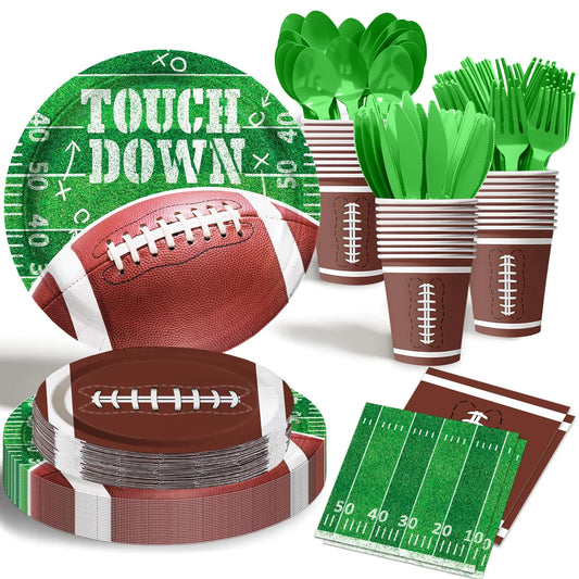 Football Party Supplies Kit Football Party Dinner Plates Dessert Plates Napkins Cups and Cutlery for Football Birthday Party Football Tailgate Party Decorations Serve 24 Guest