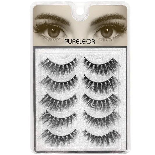 PURELEOR Fluffy Cat Eye-Lash 3D Natural Mink Eyelashes Look Wispies False Lashes 15mm Soft Reusable Eyelashes For Small Eyes Lightweight No Glue 5 Pairs