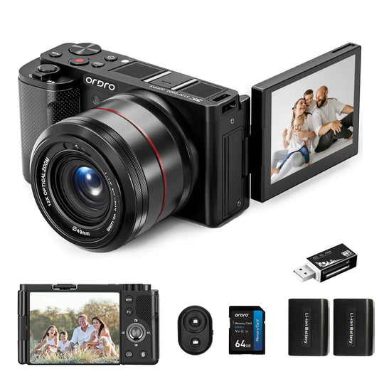 Ordro 5K Digital Camera for Photography 5K 64MP 12X Optical Zoom YouTube Vlogging Camera with Autofocus & Manual Focus Travel Camera Content Creator with Control 64G Card 2 Batteries