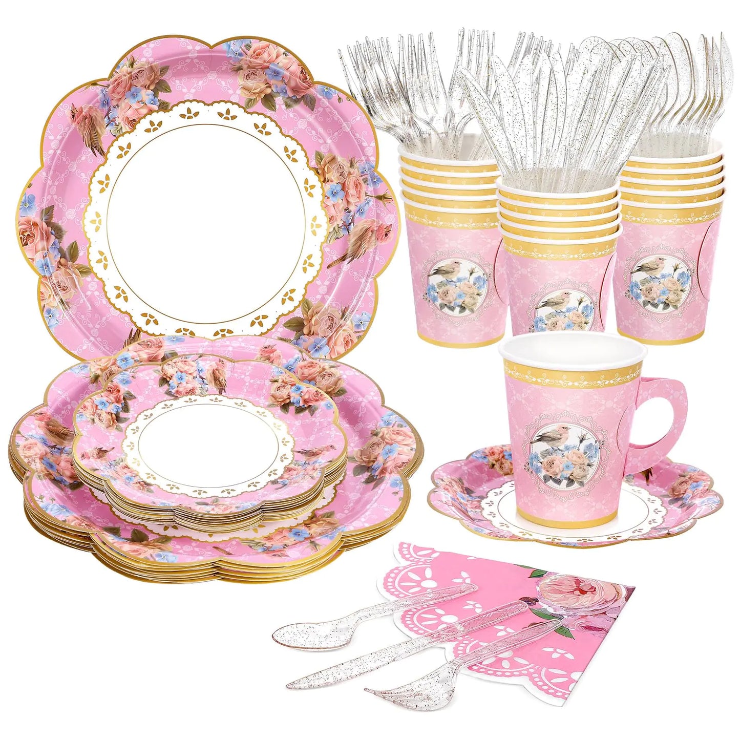 Pink Floral Party Supplies16 tea party set paper dinner party plates and cupsKnives Spoons Forks and napkins setsfor garden partyWeddingBridal Shower Tea Party Total 116 PCS