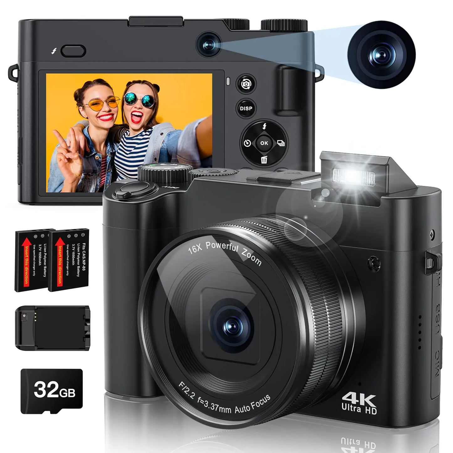 4K Digital Camera 64MP Rear and Front Camera for Photography and Video Autofocus Anti-Shake 3 Selfie Flip Vlogging Camera with Ultra Bright Flash Camera with Dial 16X Zoom (2 Batteries+Charger)