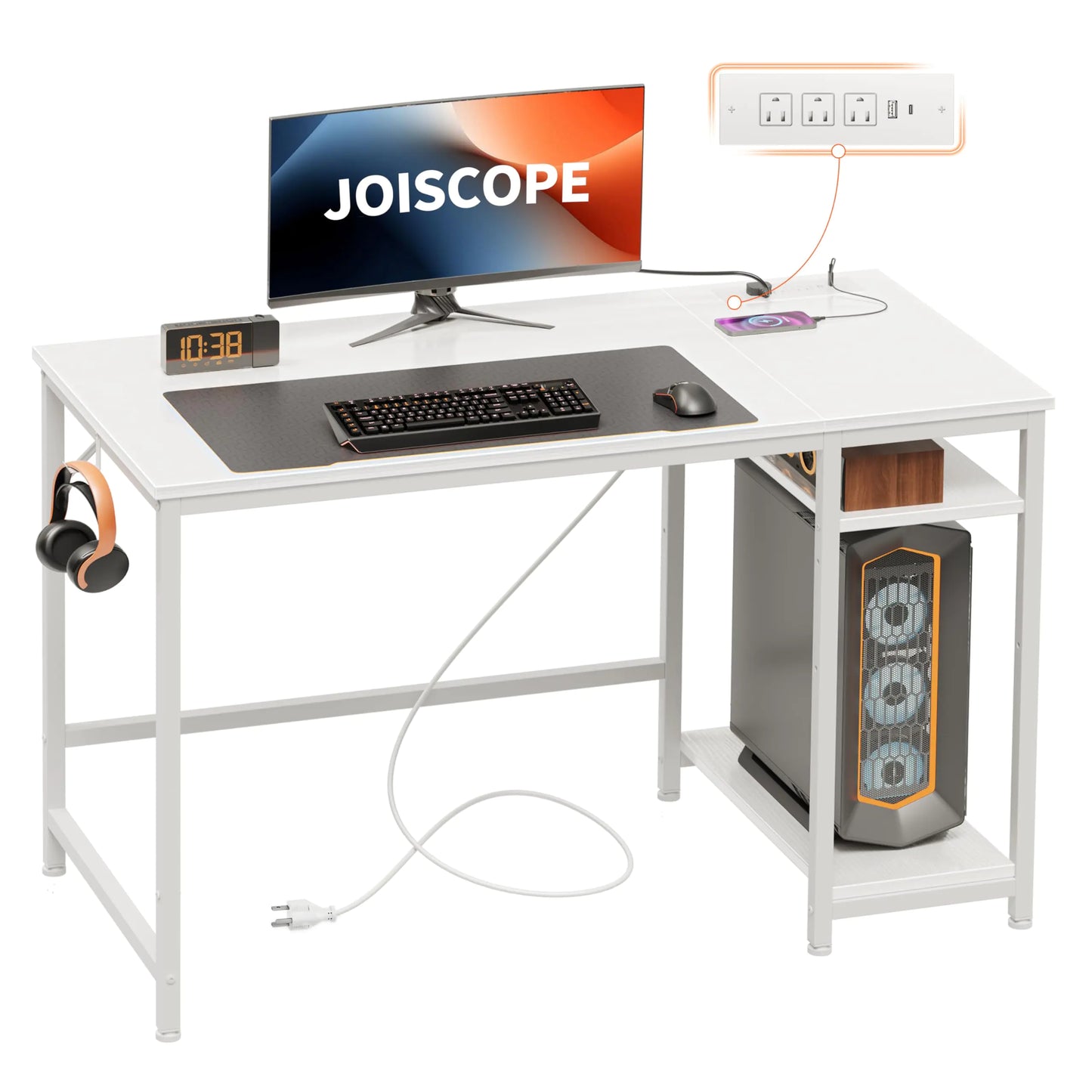 JOISCOPE Computer Desk with USB & Type-C Outlet Small Home Office Desk with 2-Tier Storage Shelves Modern Gaming Desktop Workstation 48 inches White