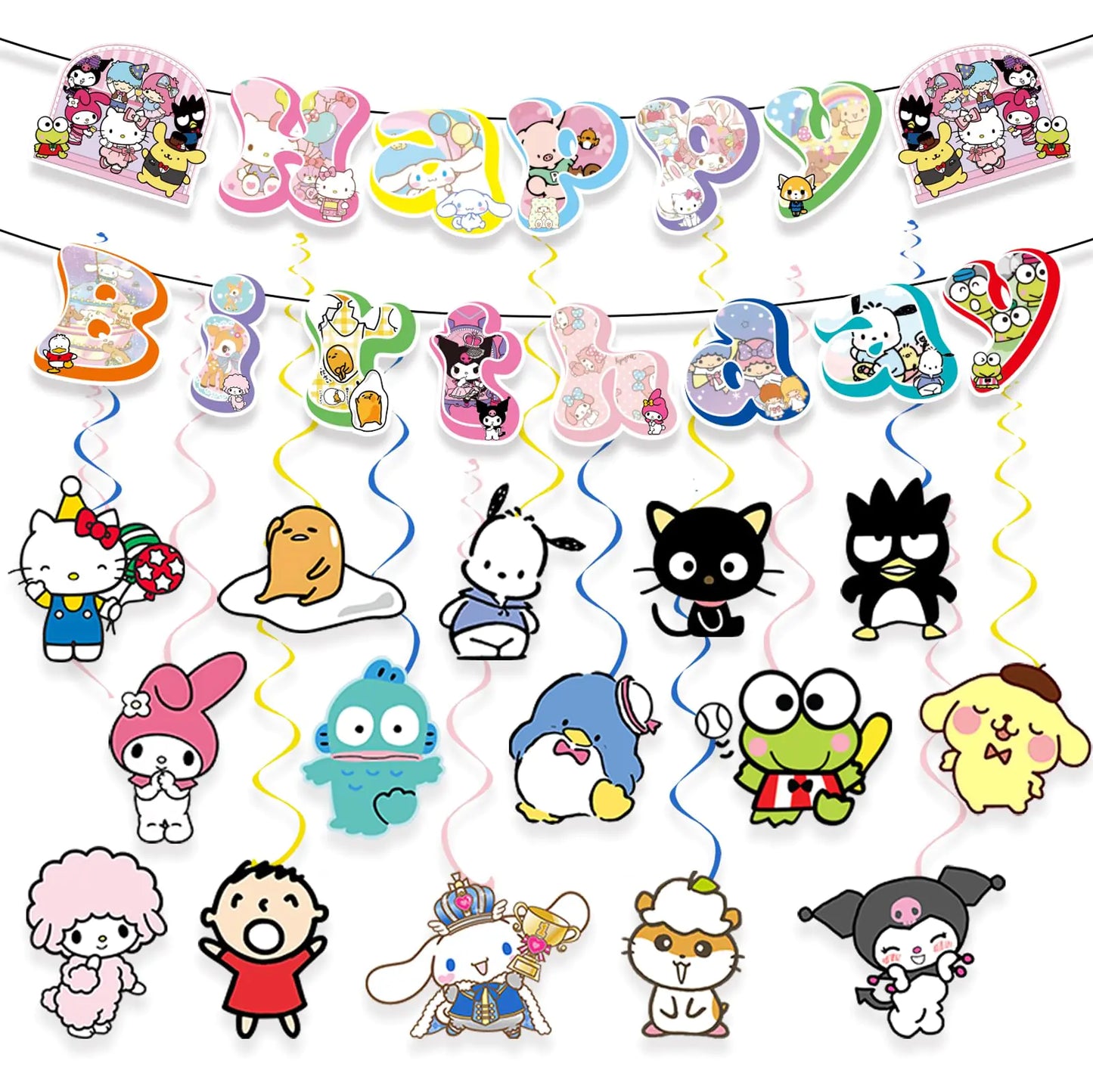 Kawaii Cinnamoroll Kuromi Birthday Party Decorations My Melody Keroppi Party Banner and 30 Hanging Swirls Pompompurin Party Swirls Streams for Hello Kitty Theme Kids Birthday Party