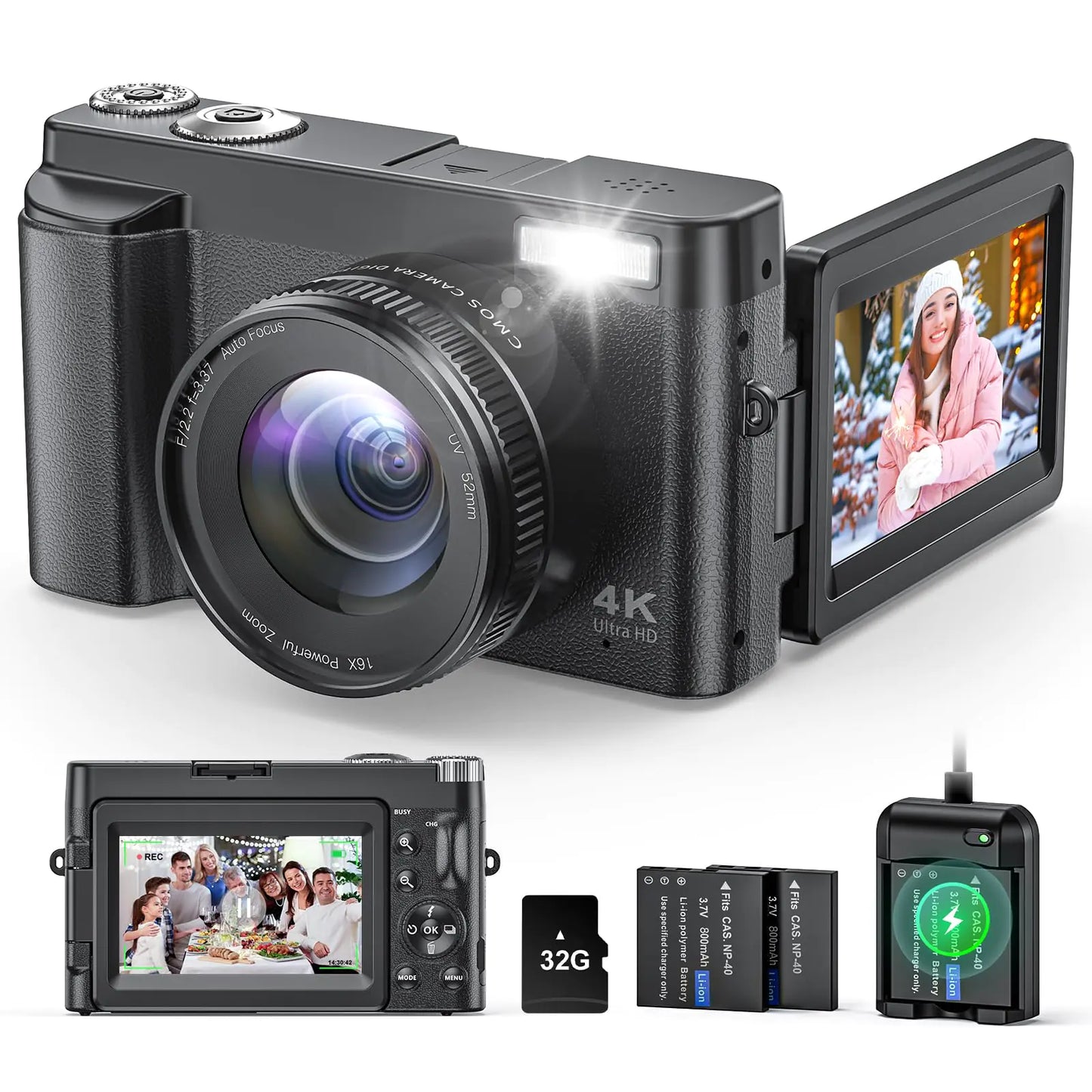 4K Digital Camera for Photography and Video Autofocus Anti-Shake 48MP Vlogging Camera for YouTube 3 180°Flip Screen Camera with Flash 16X Zoom Digital Camera with 32GB Card Battery Charger Black