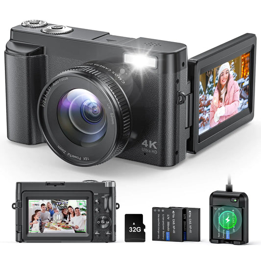 4K Digital Camera for Photography and Video Autofocus Anti-Shake 48MP Vlogging Camera for YouTube 3 180°Flip Screen Camera with Flash 16X Zoom Digital Camera with 32GB Card Battery Charger Black