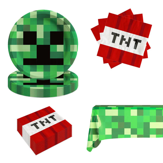 41Pcs Pixel Party Supplies Party Supplies include 20 plates 20 napkin 1 Tablecloth for the Pixel Miner Party Supplies Pixel birthday party Decoration