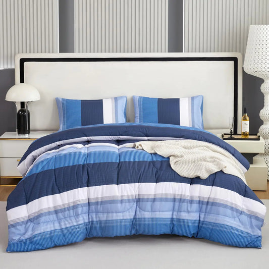 PERFEMET Navy Blue Full Comforter Set Striped Full Size Bedding Sets Blue White Colorblock Fluffy Bed Set 3 Pieces 1 Stripe Comforter and 2 Pillowcases (Navy Blue Full)