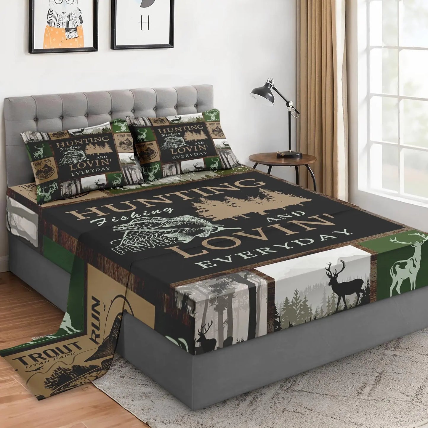 WeCozy 4 Pieces Full Size Bed Sheet Sets with Pillowcases Deer Animal Tree Soft Microfiber Bedding Set for Kids and Adults Mountains Gray Flat Sheet Fitted Sheet for Bedroom Bed Decor