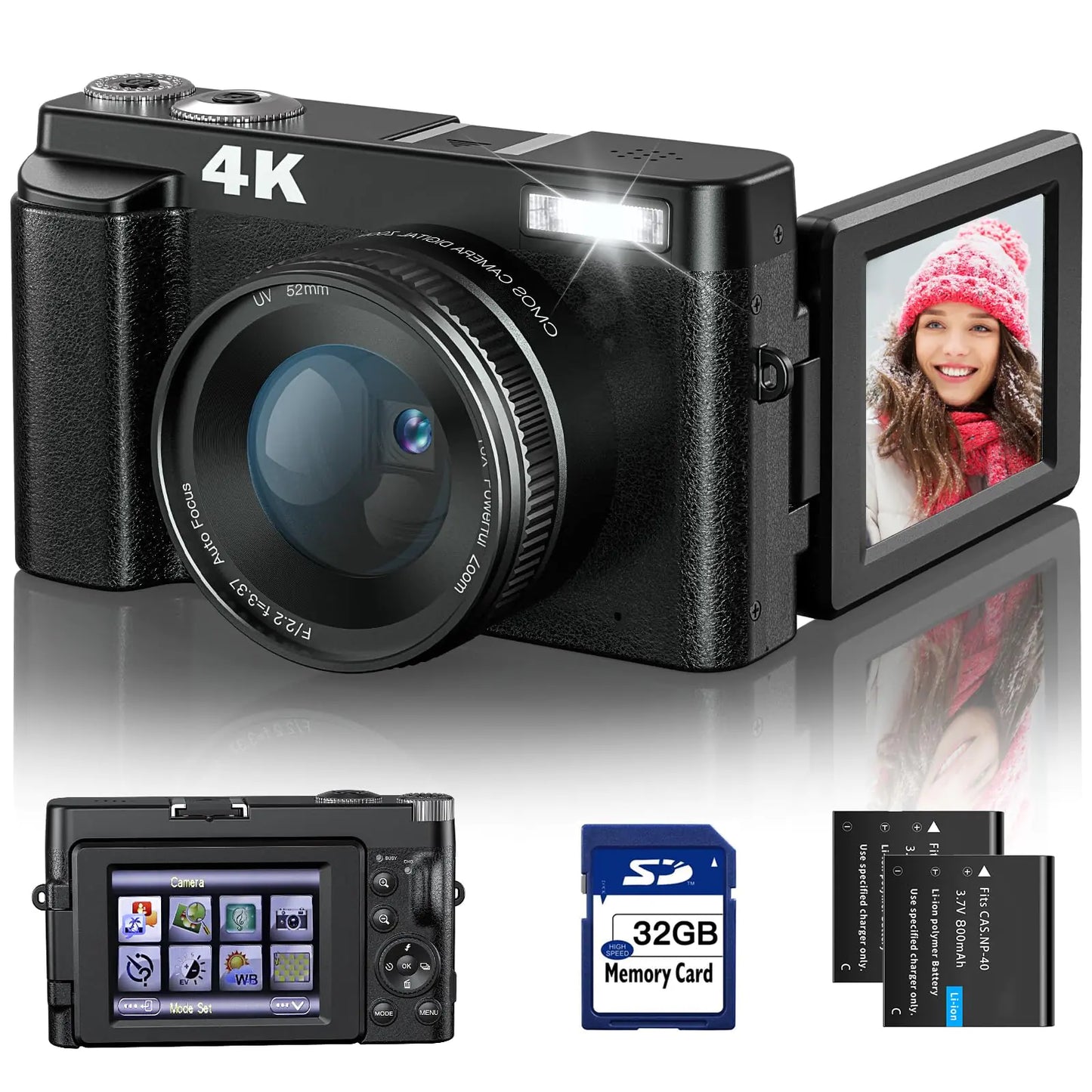 4K Digital Camera for Photography and Video Autofocus Anti-Shake 48MP Vlogging Camera with SD Card 3 180° Flip Screen Compact Camera with Flash 16X Digital Zoom Travel Camera (2 Batteries)