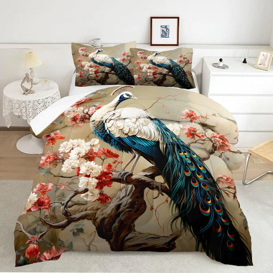 CCoutueChen Blue Floral Bird Comforter Set King Size Aesthetic Flowers Peacock Bedding Sets for Girls Women Farm Animal Feather Duvet Quilt Set 3Pcs Chic Peacock Print Comforter with 2 Pillowcases
