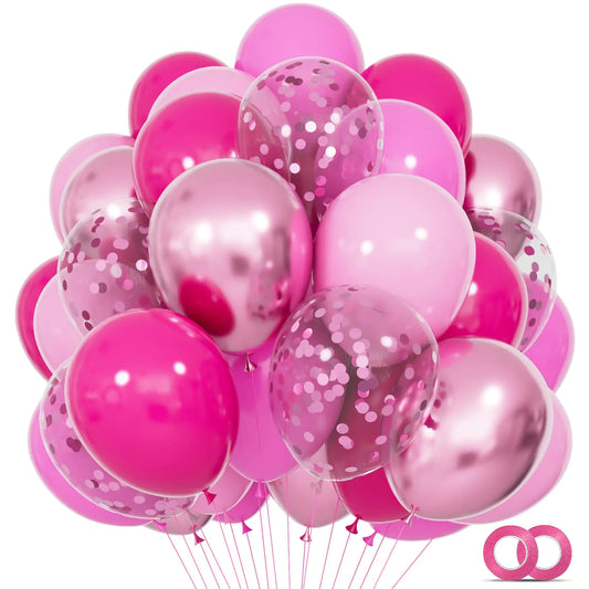 68Pcs Pink Balloons Kit 12 Inch Metallic Pink Balloons Hot Pink Balloon Pink Confetti Balloon and Baby Pink Party Balloons with Ribbons for Birthday Wedding Baby Shower Graduation Decorations.