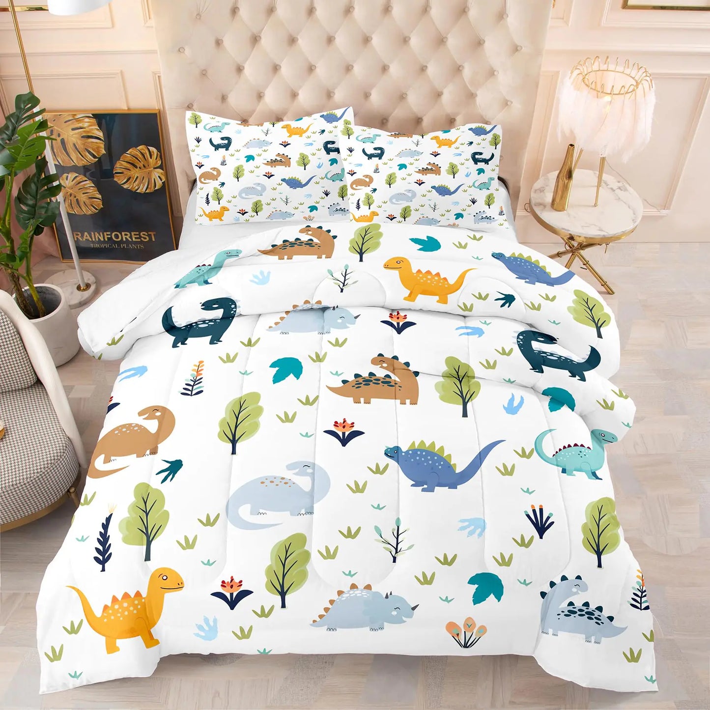 Tailor Shop King Dinosaur Kids Bedding Set for Boys King Dinosaur Kids Comforter Sets for Boys 3 Pieces Soft Lightweight for All Seasons