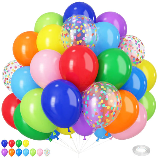 Colorful Balloons Rainbow Assorted Colors Balloons Set 12Inch Red Blue Yellow Green Pink Purple Orange Latex Party Balloons with Multicolor Confetti Balloons for Birthday Carnival Party Decorations