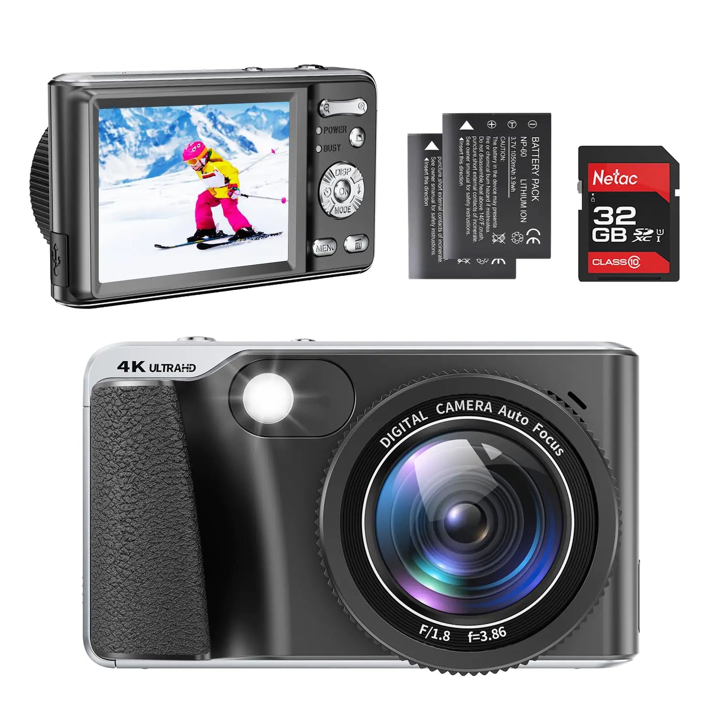 4K Digital CameraAutofocus 48MP Vlogging Camera for Photography YouTube Compact Camera with Flash18X Digital Zoom Anti Shake Macro Photography 32G SD Card and 2 Batteries