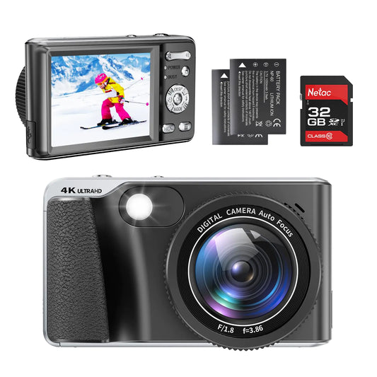 4K Digital CameraAutofocus 48MP Vlogging Camera for Photography YouTube Compact Camera with Flash18X Digital Zoom Anti Shake Macro Photography 32G SD Card and 2 Batteries