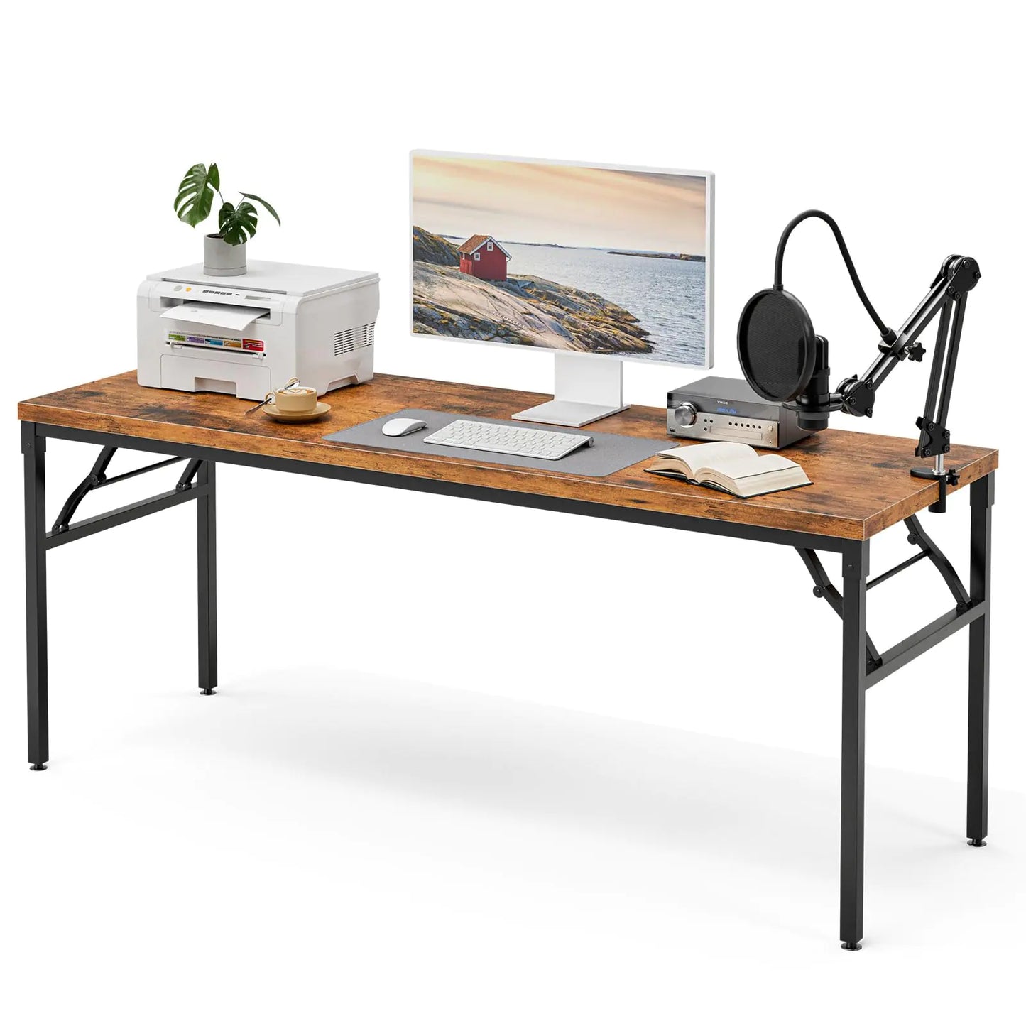 TEMI Computer Desk 63 Inch Large Desk Wooden Folding Desk for Home Office Executive Desk Writing Desk Gaming Desk Long Desk Foldable Table Space-Saving Work Table No Assembly Required Brown