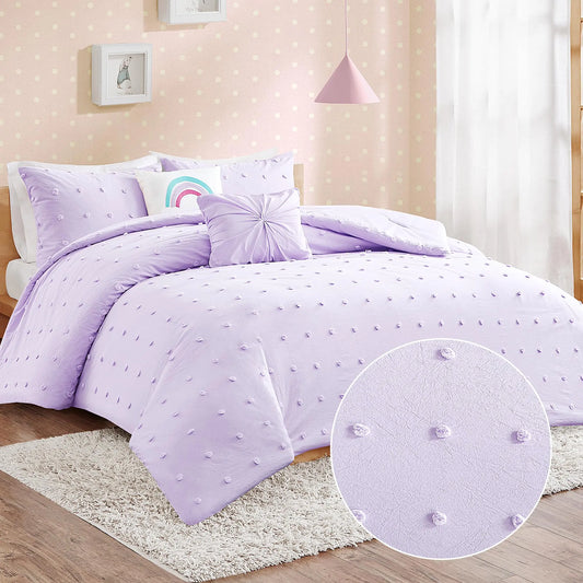 Urban Habitat Kids Callie Cotton Jacquard Weave Colorful Pom Pom Kids Comforter sets Down Alternative Shabby Chic All Season Girls Bedding Bedroom Decor Full/Queen Lavender 5 Piece
