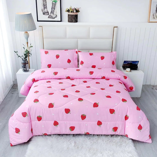 SDY 3PCS Full Size Strawberry Comforter Set Girls Full Size Comforter Sets Strawberry Bedroom Decor Cute Comforter Set Kawaii Bedding Set Pink Comforter for Kids Children Teen…