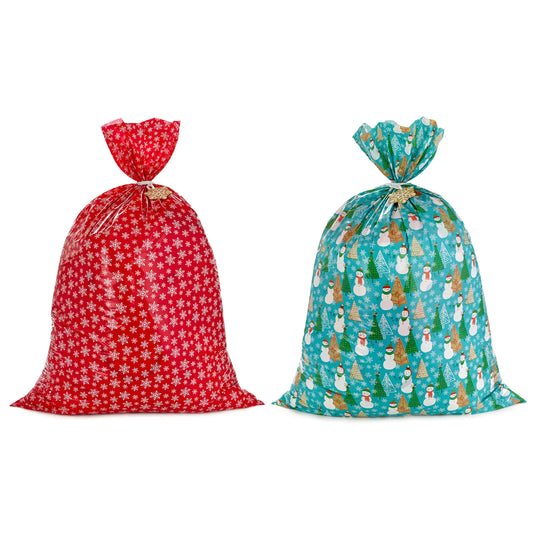 Hallmark Jumbo Plastic Holiday XL Gift Bags (2 Extra Large Bags: Snowflakes on Red Rustic Snowmen) for Carry-on Luggage Giant Stuffed Animals Bedding Sets