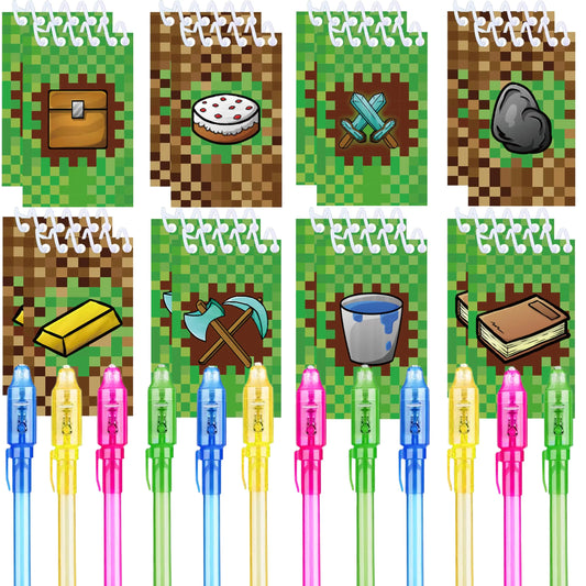 Jiaoohoo 24 Pcs Pixel Theme party favors |12 invisible ink pen and 12 party mini Pixel Theme Notepads| Pixel Theme party Goodie Bag Stuffers Classroom Prizes party supplies
