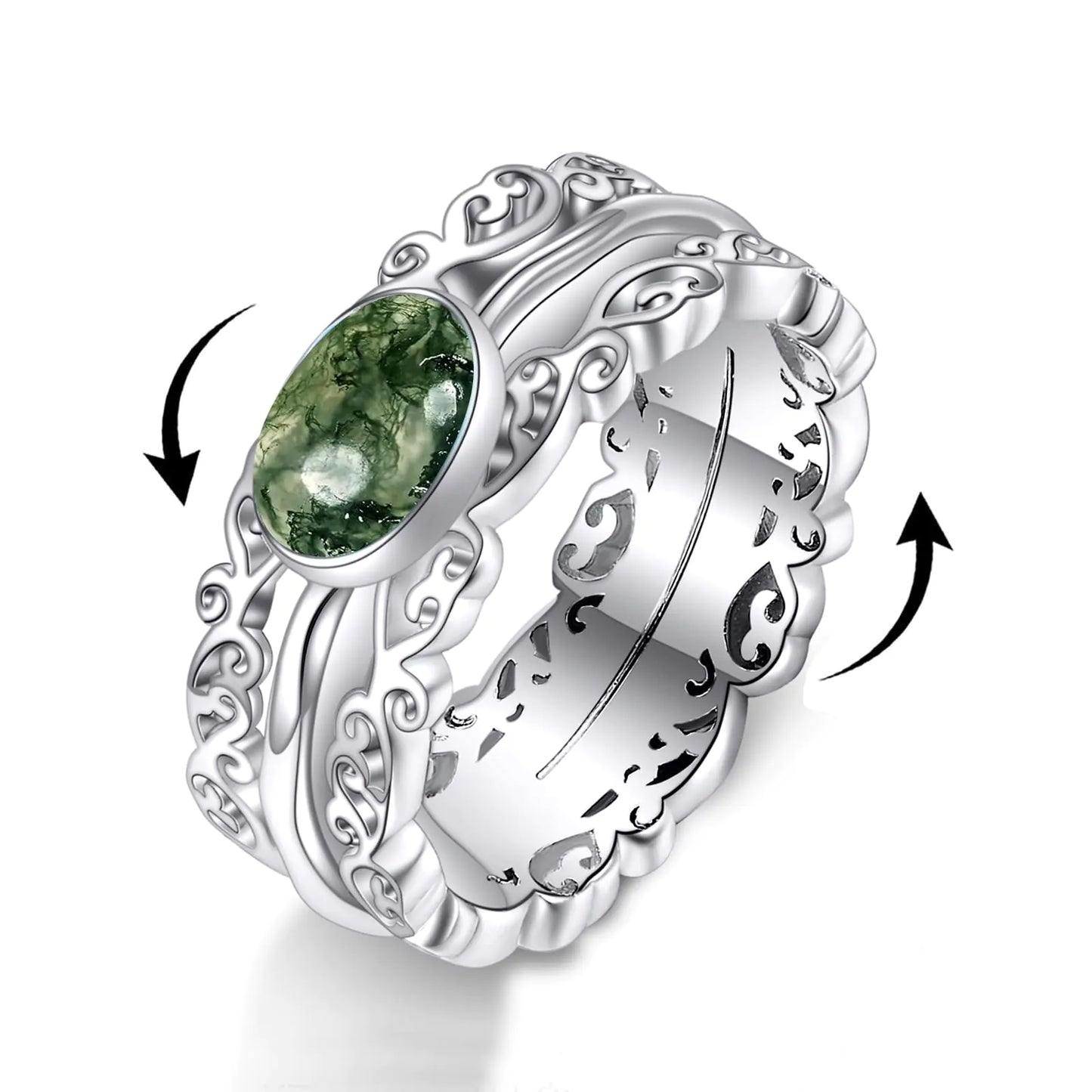 VONALA Natural Gemstone Fidget Rings for Anxiety 925 Sterling Silver Moss Agate Rings for Women Anti Stress Mood Rings Gifts Band Wide 6#