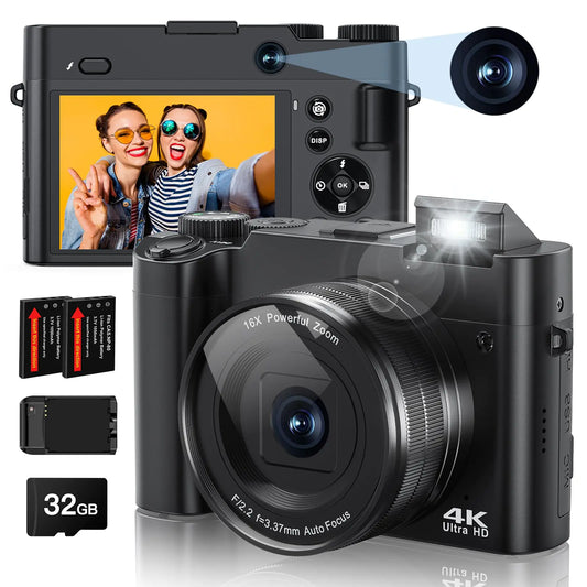 4K Digital Camera 64MP Rear and Front Camera for Photography and Video Autofocus Anti-Shake 3 Selfie Flip Vlogging Camera with Ultra Bright Flash Camera with Dial 16X Zoom (2 Batteries+Charger)
