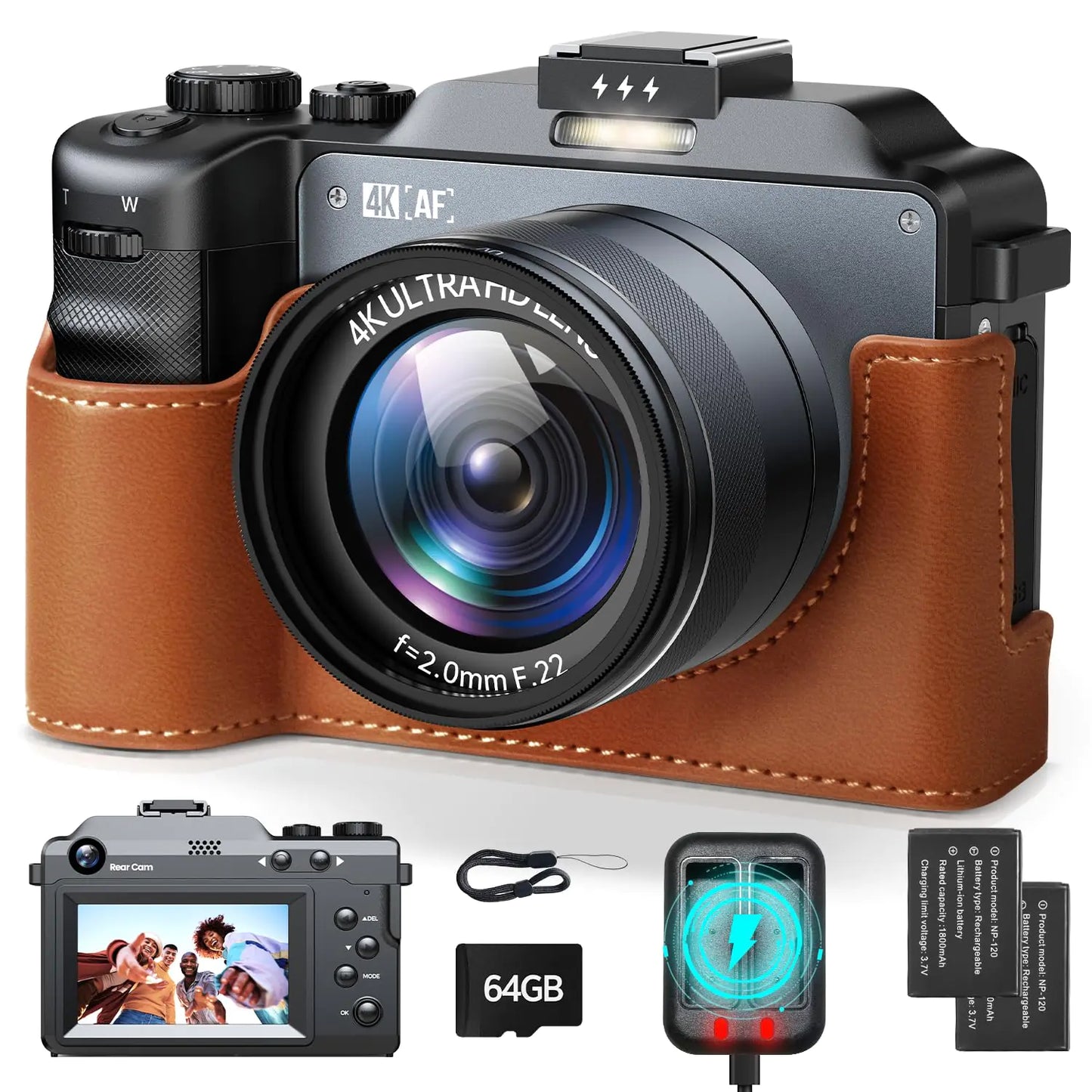4K Digital Camera for Photography 64MP Autofocus Vlogging Camera for YouTube 3.0 Dual Lens Point and Shoot Camera with 18X Zoom Campact Selfie Camera for Beginner64GB CardProtective CaseCharger