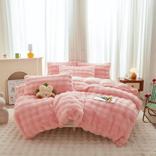 chovy Kids Girls Rabbit Plush Pink Comforter Sets Queen - 3PC Faux Fur Bed Set Skin Friendly Soft Warm Velvet Flannel Fluffy Fuzzy Bedding（Comforter x 1 Pillowcases x 2）